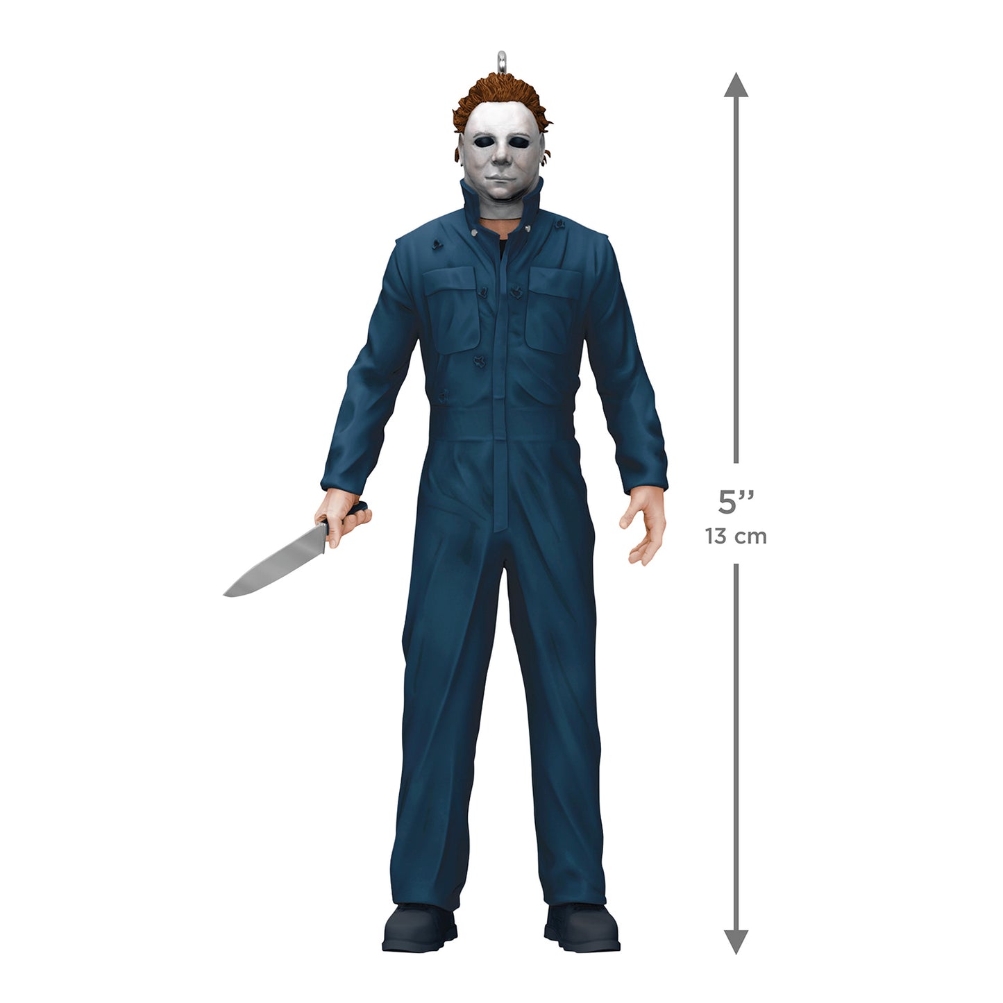 Halloween II Michael Myers — 2026 Hallmark Keepsake Christmas Ornament shows the slasher in blue coveralls holding a knife, 13 cm tall.
