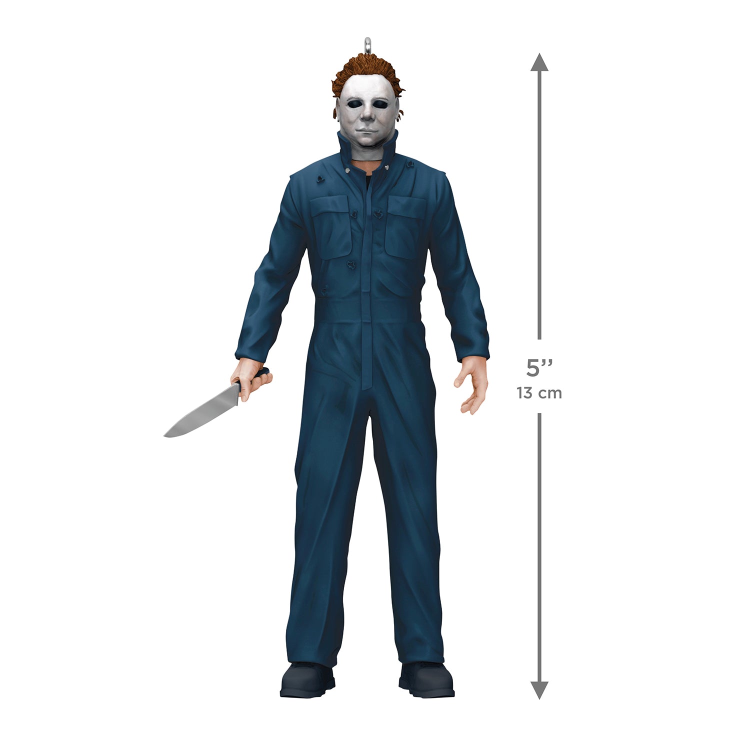 Halloween II Michael Myers — 2026 Hallmark Keepsake Christmas Ornament shows the slasher in blue coveralls holding a knife, 13 cm tall.