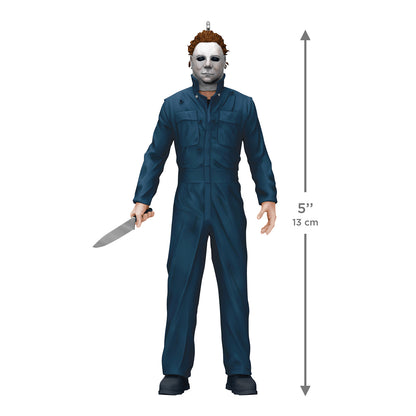 Halloween II Michael Myers — 2026 Hallmark Keepsake Christmas Ornament shows the slasher in blue coveralls holding a knife, 13 cm tall.