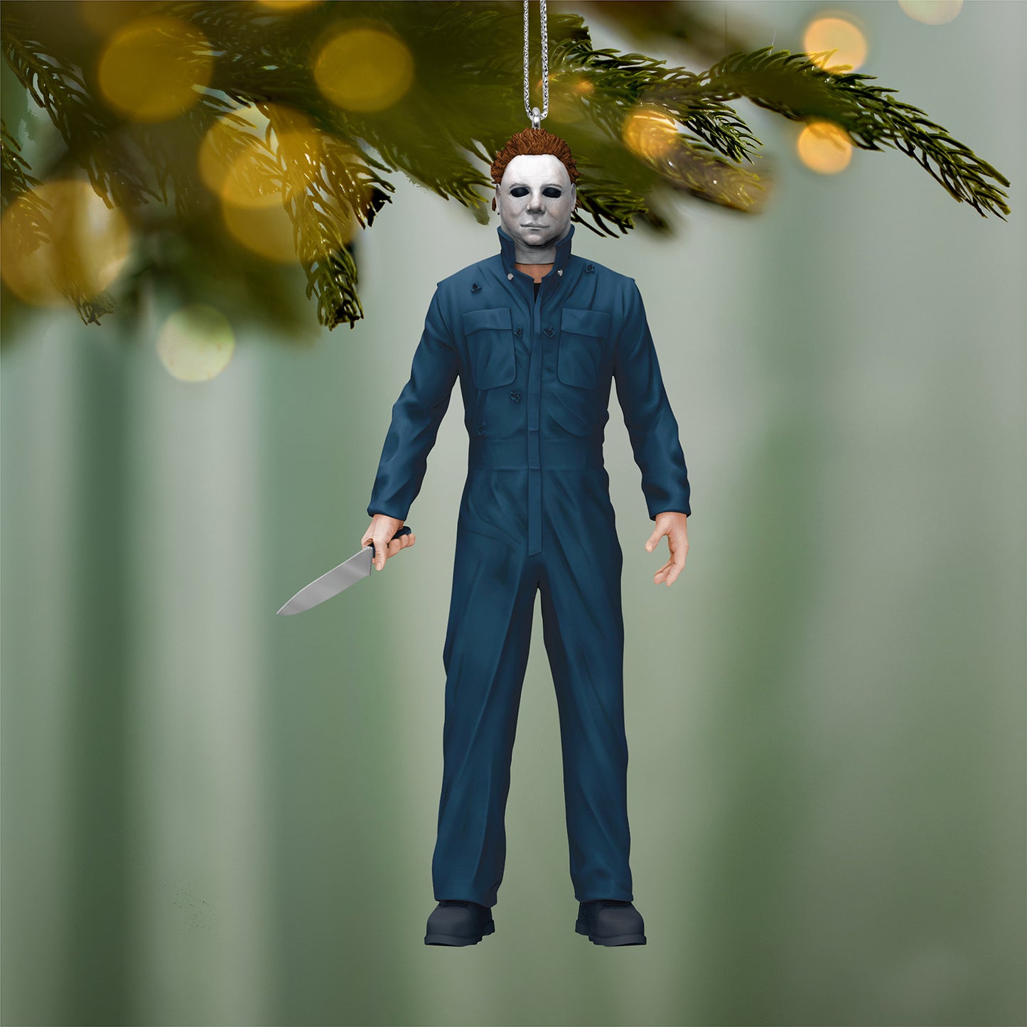 Halloween II Michael Myers — 2026 Hallmark Keepsake Christmas Ornament, hanging decoration with kitchen knife and detailed mask, festive setting.