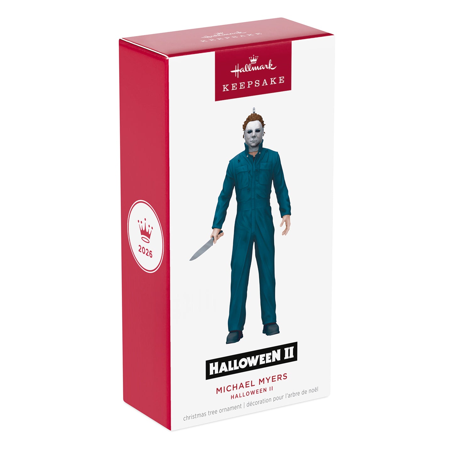 Halloween II Michael Myers — 2026 Hallmark Keepsake Christmas Ornament, boxed decoration showing slasher figurine holding a knife.