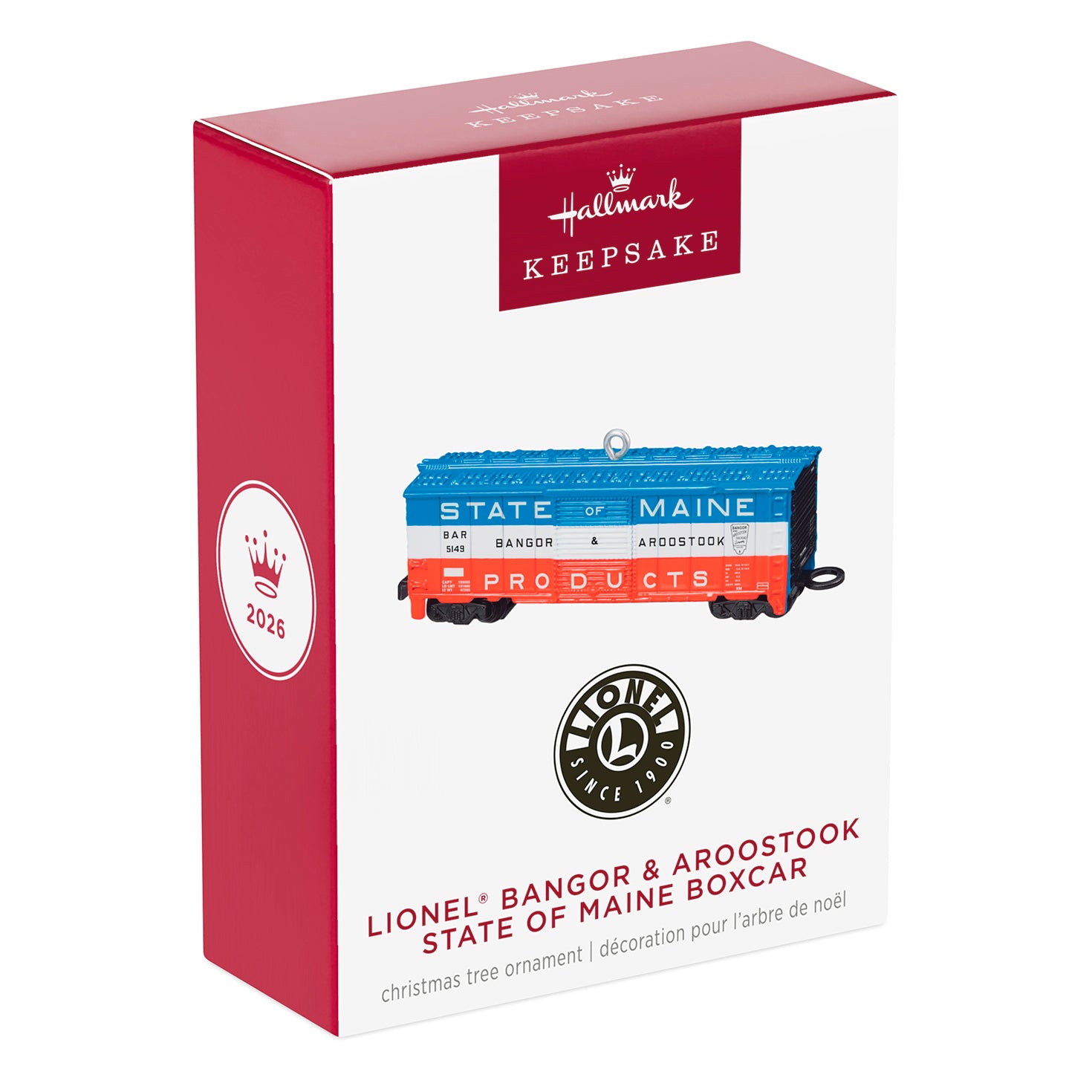 Lionel Bangor & Aroostook State of Maine Boxcar, Metal — 2026 Hallmark Keepsake Christmas Ornament packaging view with red design and product details.