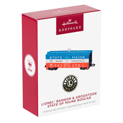 Lionel Bangor & Aroostook State of Maine Boxcar, Metal — 2026 Hallmark Keepsake Christmas Ornament packaging view with red design and product details.