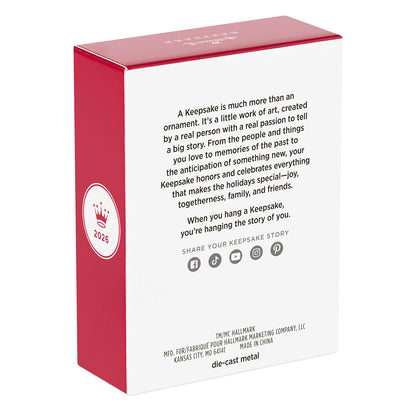Lionel Bangor & Aroostook State of Maine Boxcar, Metal — 2026 Hallmark Keepsake Christmas Ornament, red and white packaging, back view.