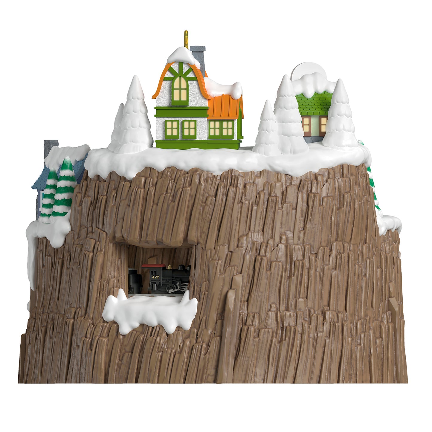 Lionel Christmas Mountain Musical With Light and Motion — 2026 Hallmark Keepsake Christmas Ornament, snowy village scene on rocky hilltop, angled view.