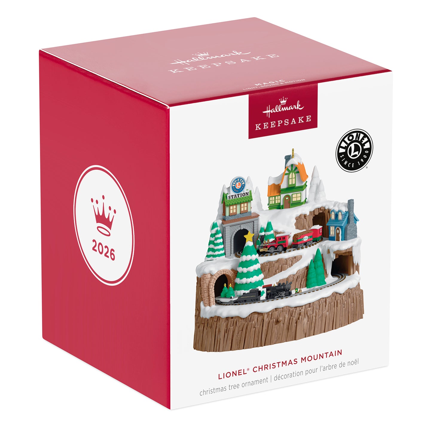 Lionel Christmas Mountain Musical With Light and Motion — 2026 Hallmark Keepsake Christmas Ornament packaging box showing vibrant colourful decoration and details.