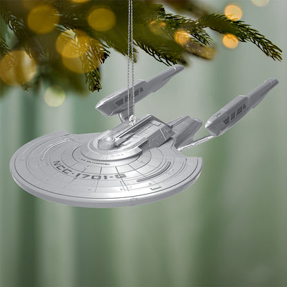 Star Trek: Picard U.S.S. Enterprise NCC-1701-G, Metal — 2026 Hallmark Keepsake Christmas Ornament, decorative silver ornament hanging from tree branch.