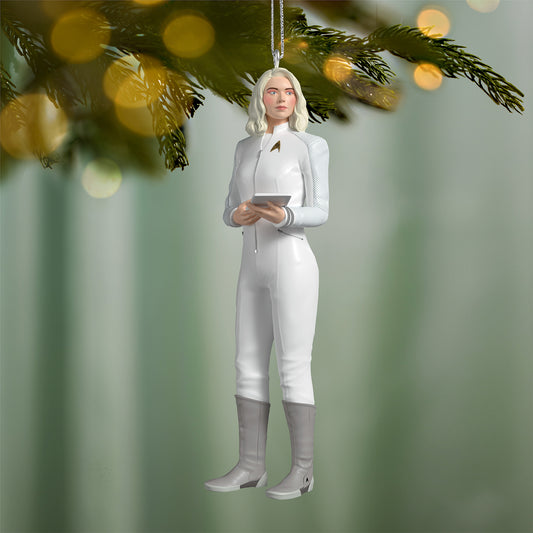 Star Trek: Strange New Worlds Nurse Christine Chapel — 2026 Hallmark Keepsake Christmas Ornament, detailed figure, hanging from tree branch, festive background.