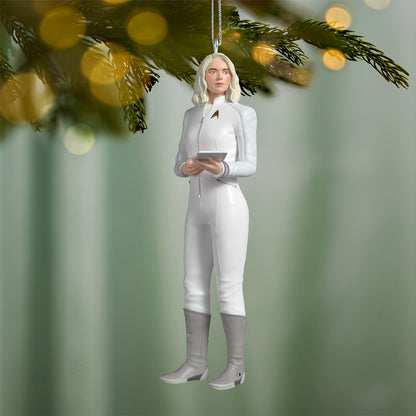 Star Trek: Strange New Worlds Nurse Christine Chapel — 2026 Hallmark Keepsake Christmas Ornament, detailed figure, hanging from tree branch, festive background.