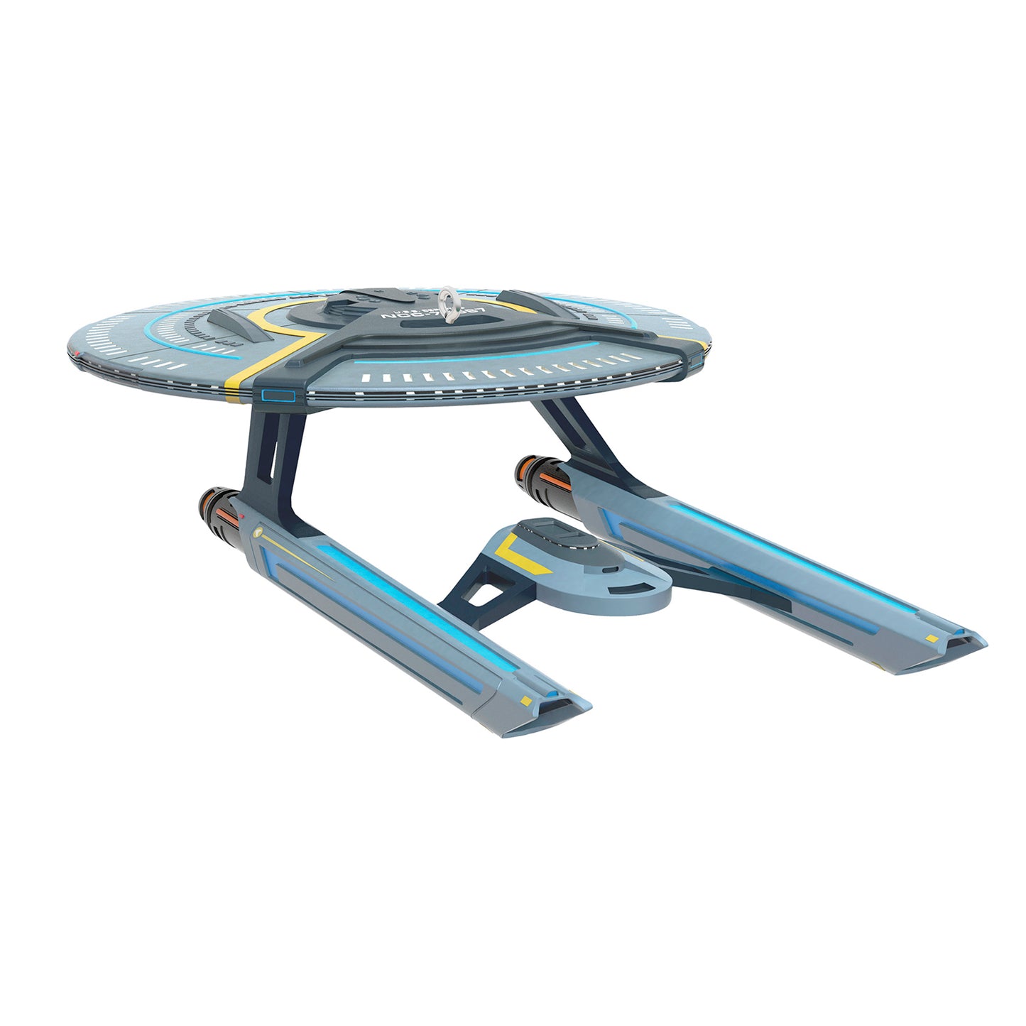 Star Trek: Lower Decks U.S.S. Cerritos — 2026 Hallmark Keepsake Christmas Ornament, detailed model with blue accents, angled view.