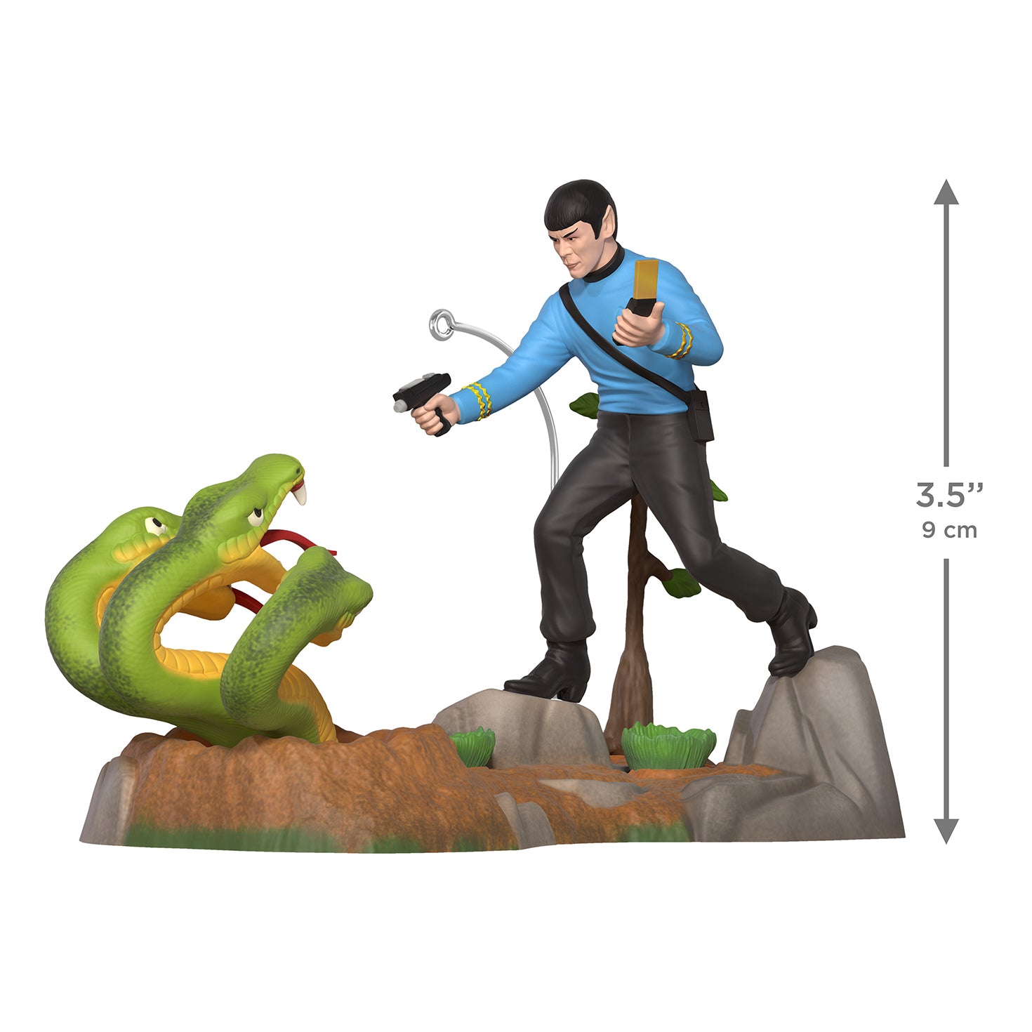Star Trek™: The Original Series Space Serpent Attack! — 2026 Hallmark Keepsake Christmas Ornament depicting Spock confronting a green serpent on rocky terrain.