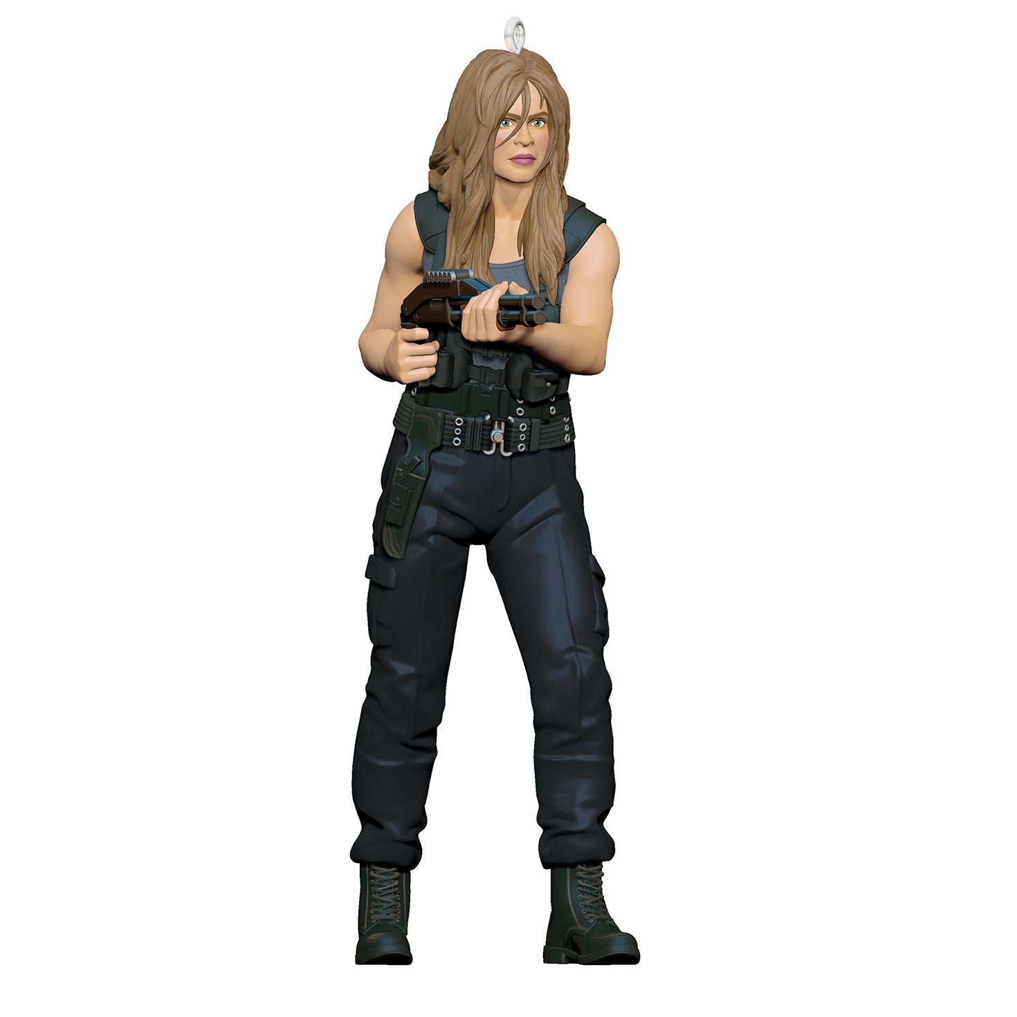Terminator 2: Judgment Day™ Sarah Connor — 2026 Hallmark Keepsake Christmas Ornament in a standing position, holding a weapon, detailed design.