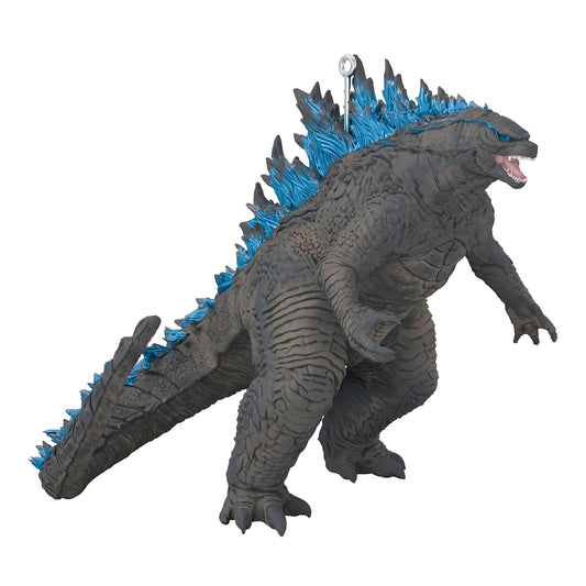 Godzilla: King of the Monsters Long Live the King — 2026 Hallmark Keepsake Christmas Ornament in a dynamic pose with blue dorsal spines.