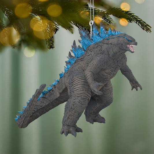 Godzilla: King of the Monsters Long Live the King — 2026 Hallmark Keepsake Christmas Ornament, detailed design, blue dorsal spines, hanging on a tree branch.
