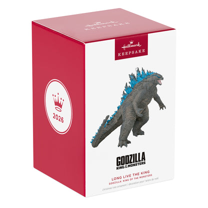 Godzilla: King of the Monsters Long Live the King — 2026 Hallmark Keepsake Christmas Ornament in red packaging showing detailed figure.