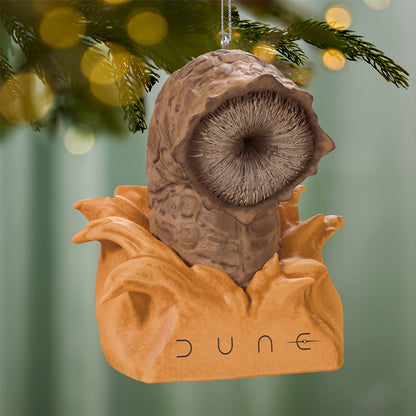 Dune Shai-Hulud — 2026 Hallmark Keepsake Christmas Ornament, detailed design featuring the iconic sandworm on a decorative base, hanging on a tree.