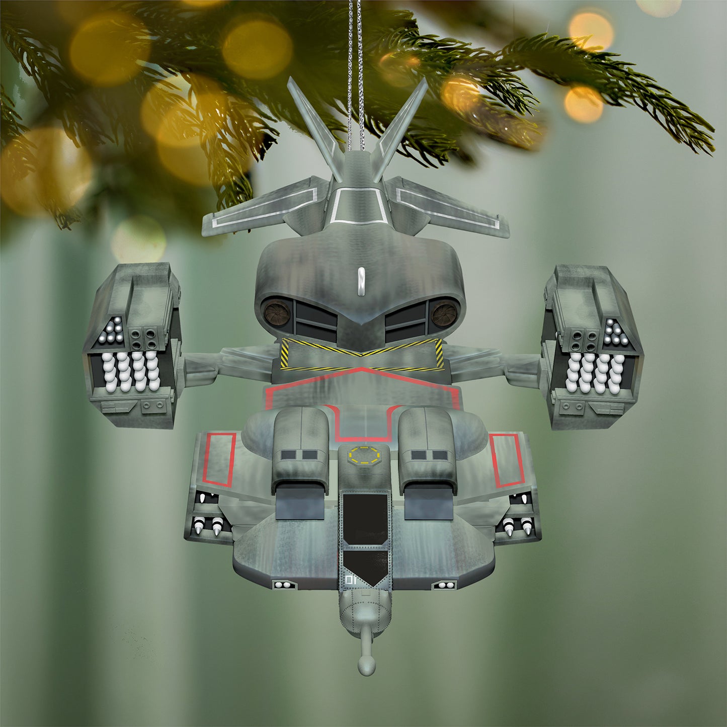 Aliens UD-4L "Cheyenne" Dropship — 2026 Hallmark Keepsake Christmas Ornament, detailed front view, hanging from a Christmas tree.