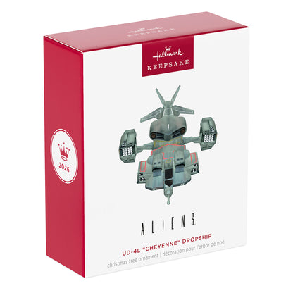Aliens UD-4L "Cheyenne" Dropship — 2026 Hallmark Keepsake Christmas Ornament, boxed packaging, detailed design.