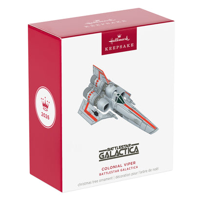Battlestar Galactica Colonial Viper — 2026 Hallmark Keepsake Christmas Ornament in decorative packaging, featuring vibrant colours and detailed graphics.