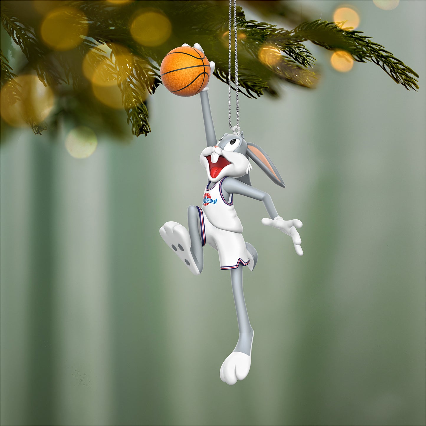 Space Jam 30th Anniversary Bugs Bunny™ — 2026 Hallmark Keepsake Christmas Ornament hanging from tree, in basketball dunking pose, detailed design.