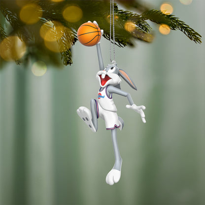 Space Jam 30th Anniversary Bugs Bunny™ — 2026 Hallmark Keepsake Christmas Ornament hanging from tree, in basketball dunking pose, detailed design.