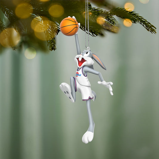 Space Jam 30th Anniversary Bugs Bunny™ — 2026 Hallmark Keepsake Christmas Ornament hanging from tree, in basketball dunking pose, detailed design.
