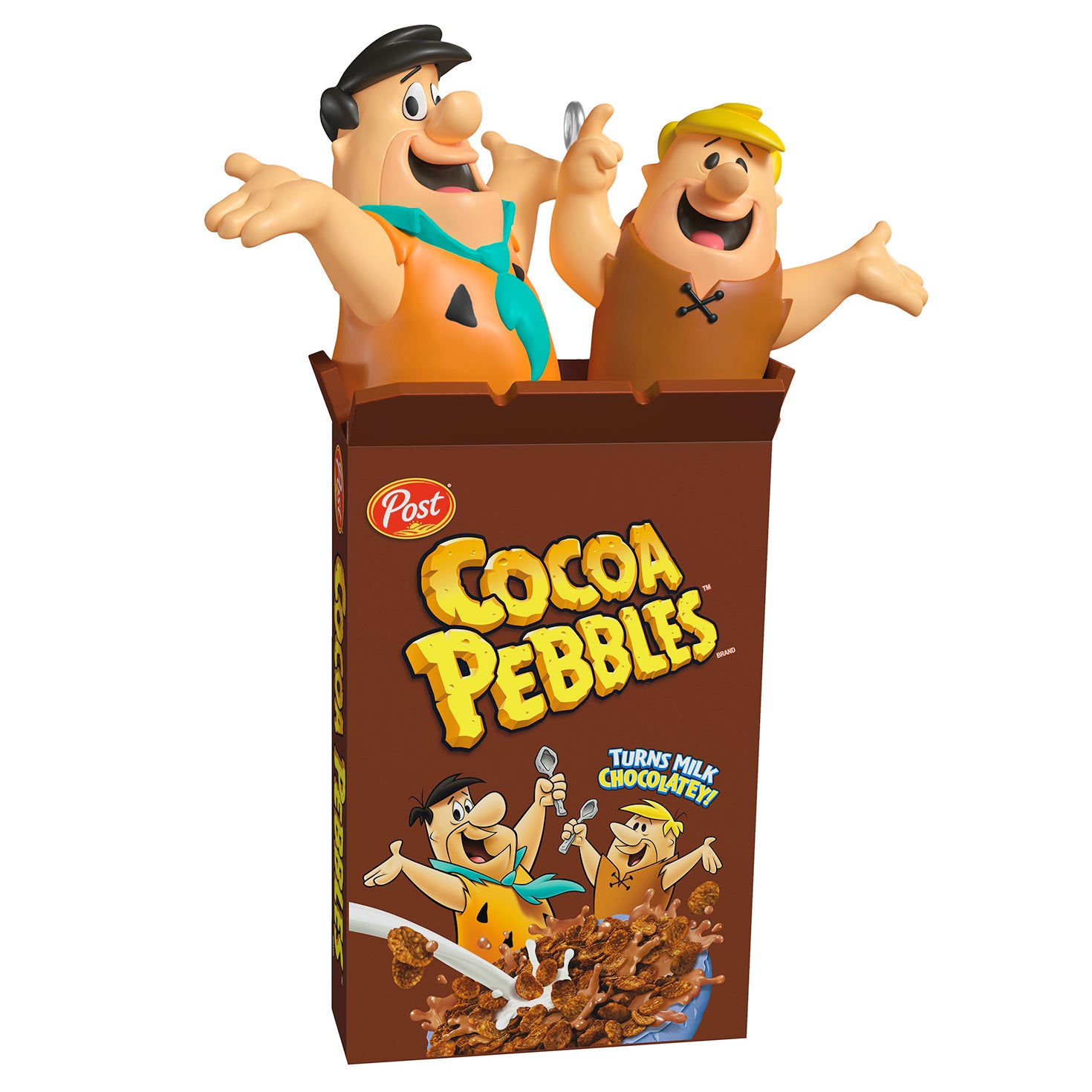 The Flintstones™ Cocoa Pebbles — 2026 Hallmark Keepsake Christmas Ornament featuring Fred and Barney popping from the cocoa box.