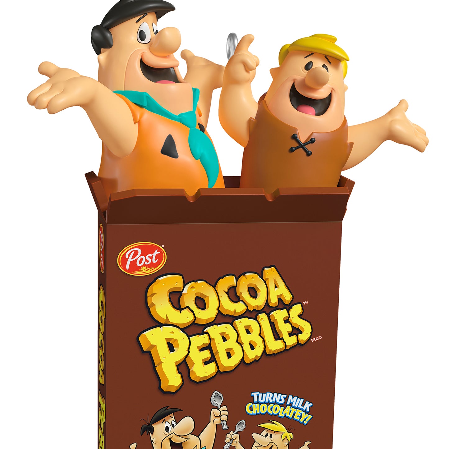 The Flintstones™ Cocoa Pebbles — 2026 Hallmark Keepsake Christmas Ornament, featuring Fred and Barney in a cocoa brown cereal box, close up view.