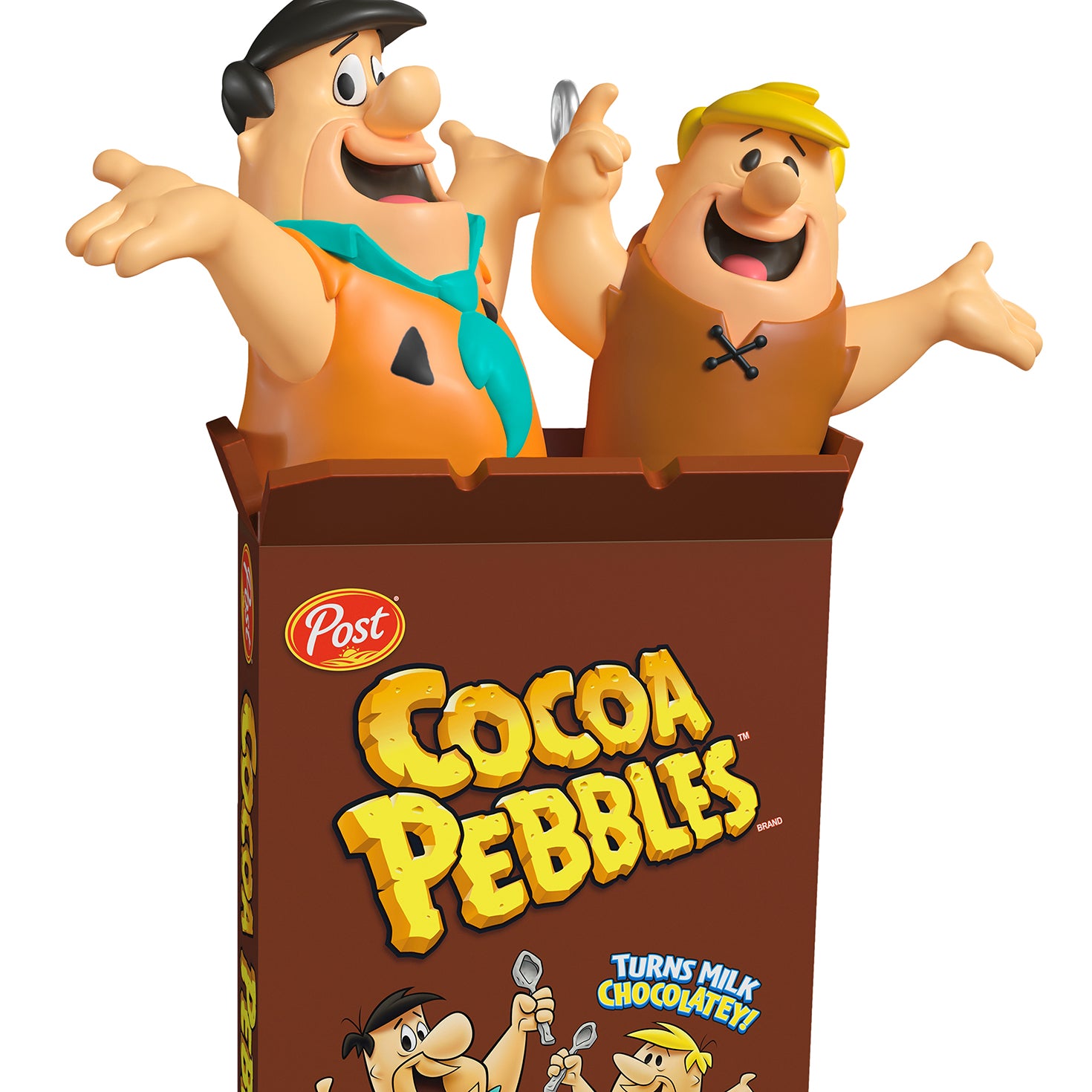 The Flintstones™ Cocoa Pebbles — 2026 Hallmark Keepsake Christmas Ornament, featuring Fred and Barney in a cocoa brown cereal box, close up view.