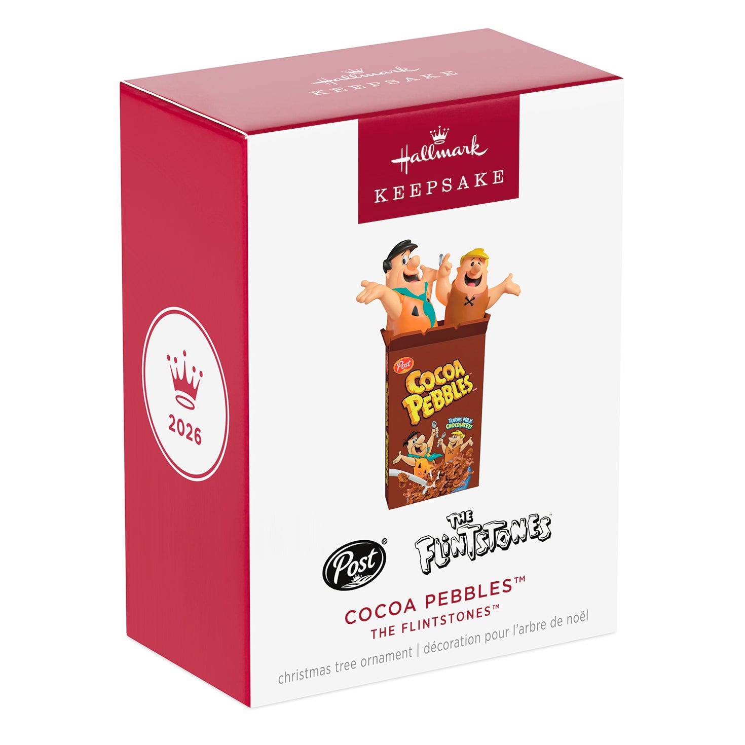 The Flintstones™ Cocoa Pebbles — 2026 Hallmark Keepsake Christmas Ornament packaging, featuring Fred and Barney on a white box.