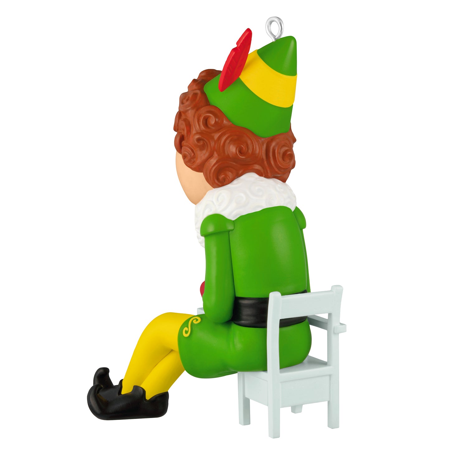 Elf Buddy the Elf — 2026 Hallmark Keepsake Christmas Ornament, colourful character design, seated on a small white chair, back view.