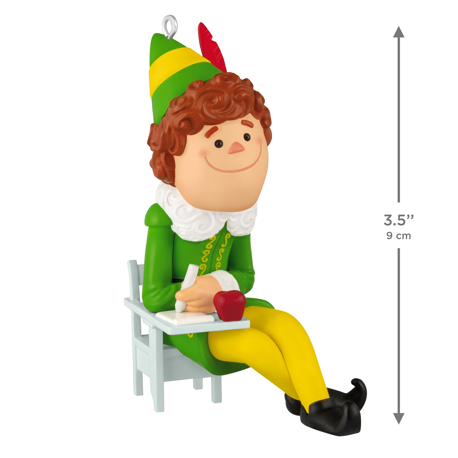 Elf Buddy the Elf — 2026 Hallmark Keepsake Christmas Ornament, sitting at a small desk with an apple, 9 cm tall.