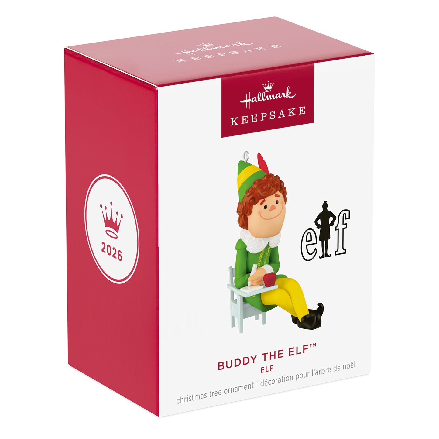 Elf Buddy the Elf — 2026 Hallmark Keepsake Christmas Ornament packaging box featuring vibrant red design and character details.