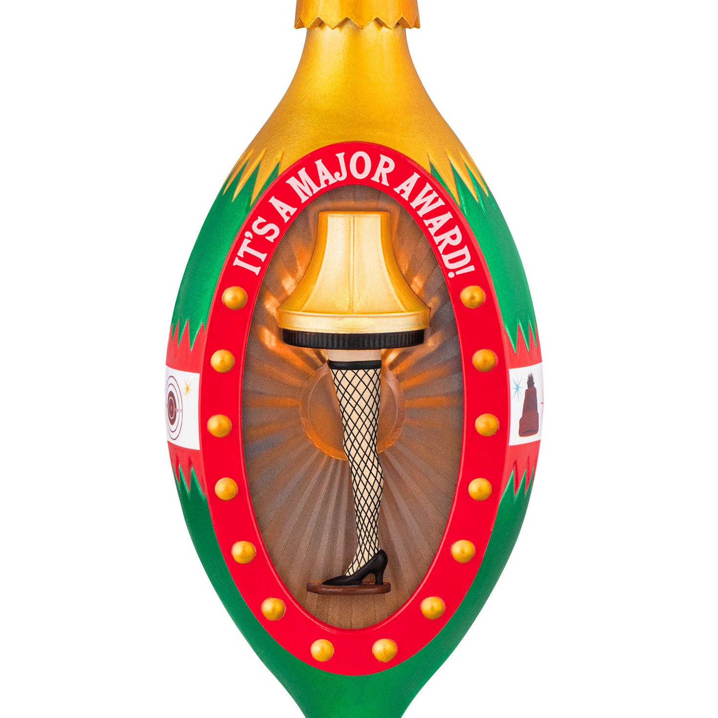 A Christmas Story It's a Major Award! — 2026 Hallmark Keepsake Christmas Ornament, vintage-style gold leg lamp decor with finial design, close up.