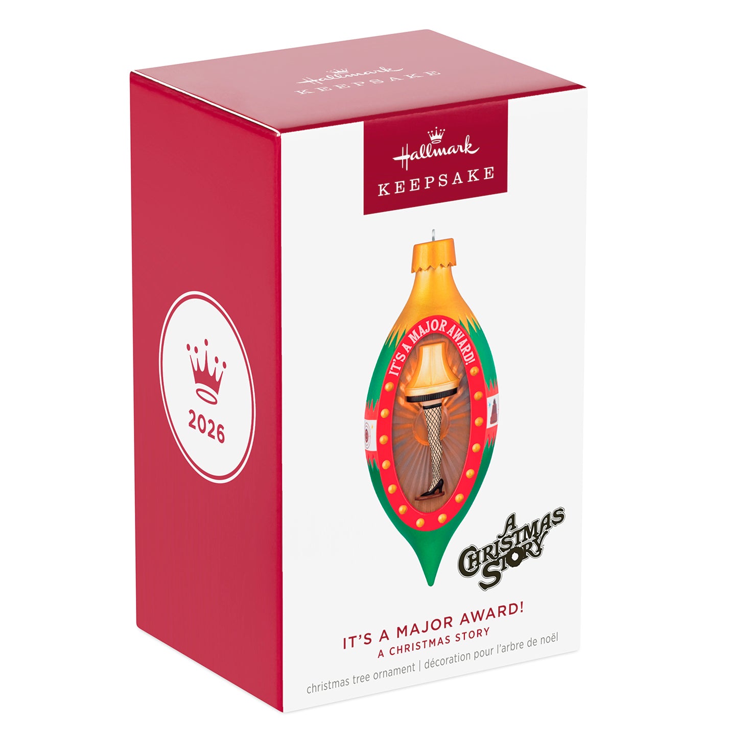A Christmas Story It's a Major Award! — 2026 Hallmark Keepsake Christmas Ornament gift box displaying the iconic leg lamp design.