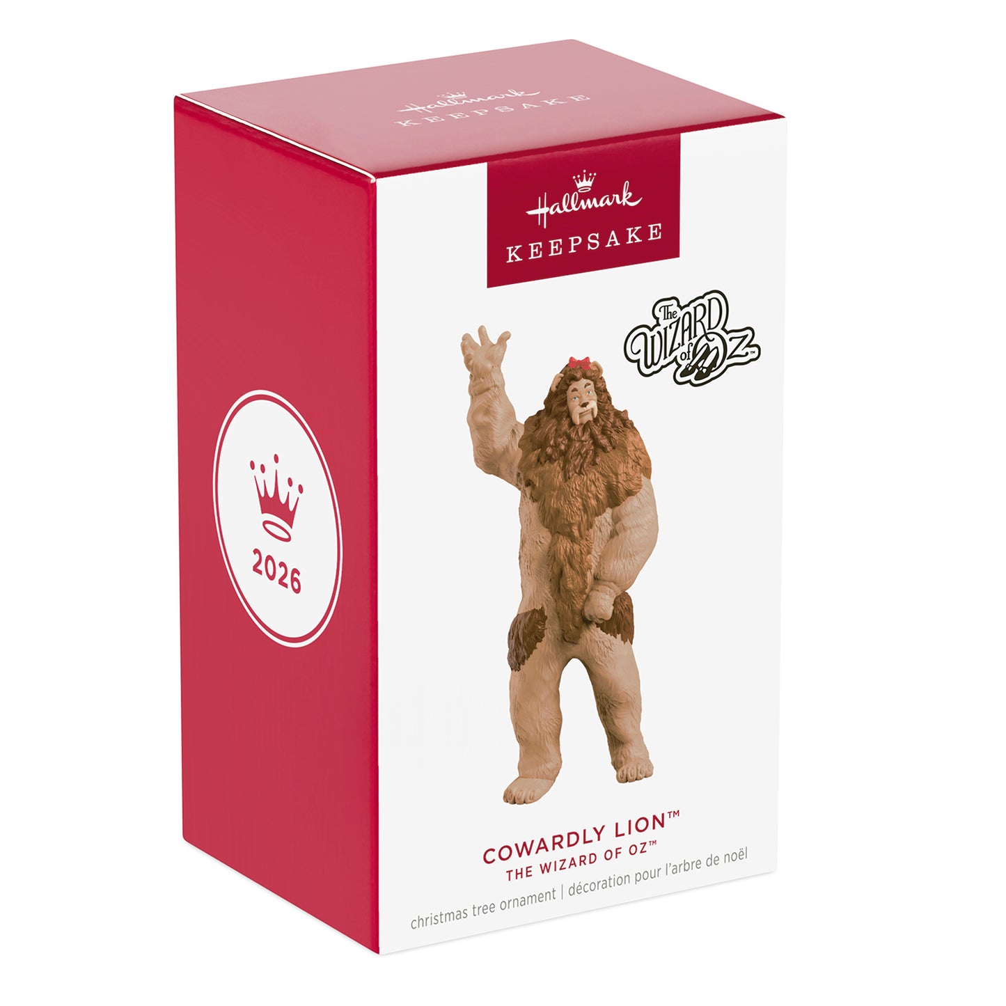 The Wizard of Oz™ Cowardly Lion — 2026 Hallmark Keepsake Christmas Ornament in decorative packaging, featuring a vibrant red box and character details.