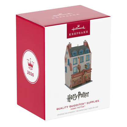 Harry Potter™ Quality Quidditch Supplies — 2026 Hallmark Keepsake Christmas Ornament, detailed packaging design with logo and vibrant colours.