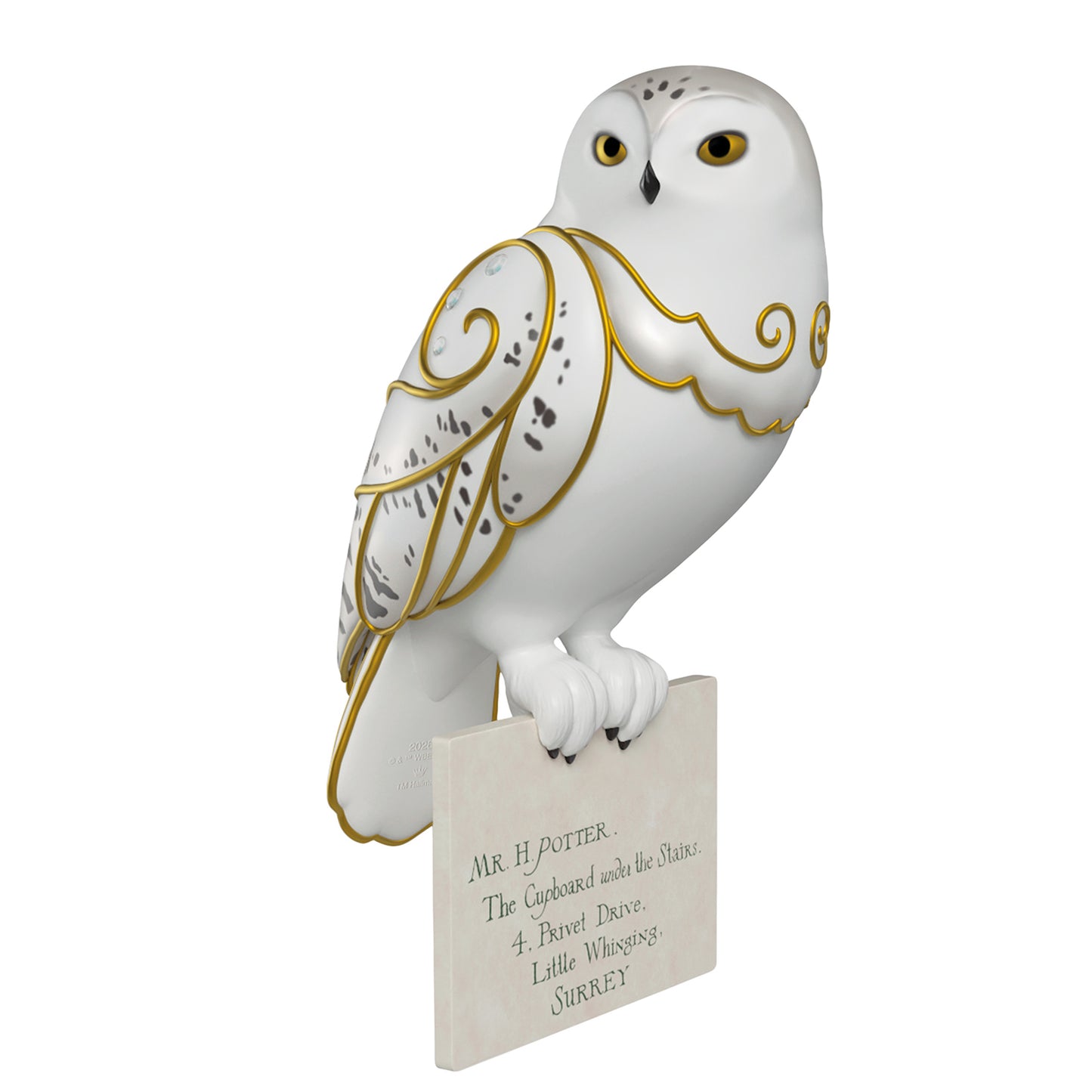 Harry Potter Hedwig With Letter — 2026 Hallmark Keepsake Christmas Ornament, white owl figurine with gold accents and attached letter detail.