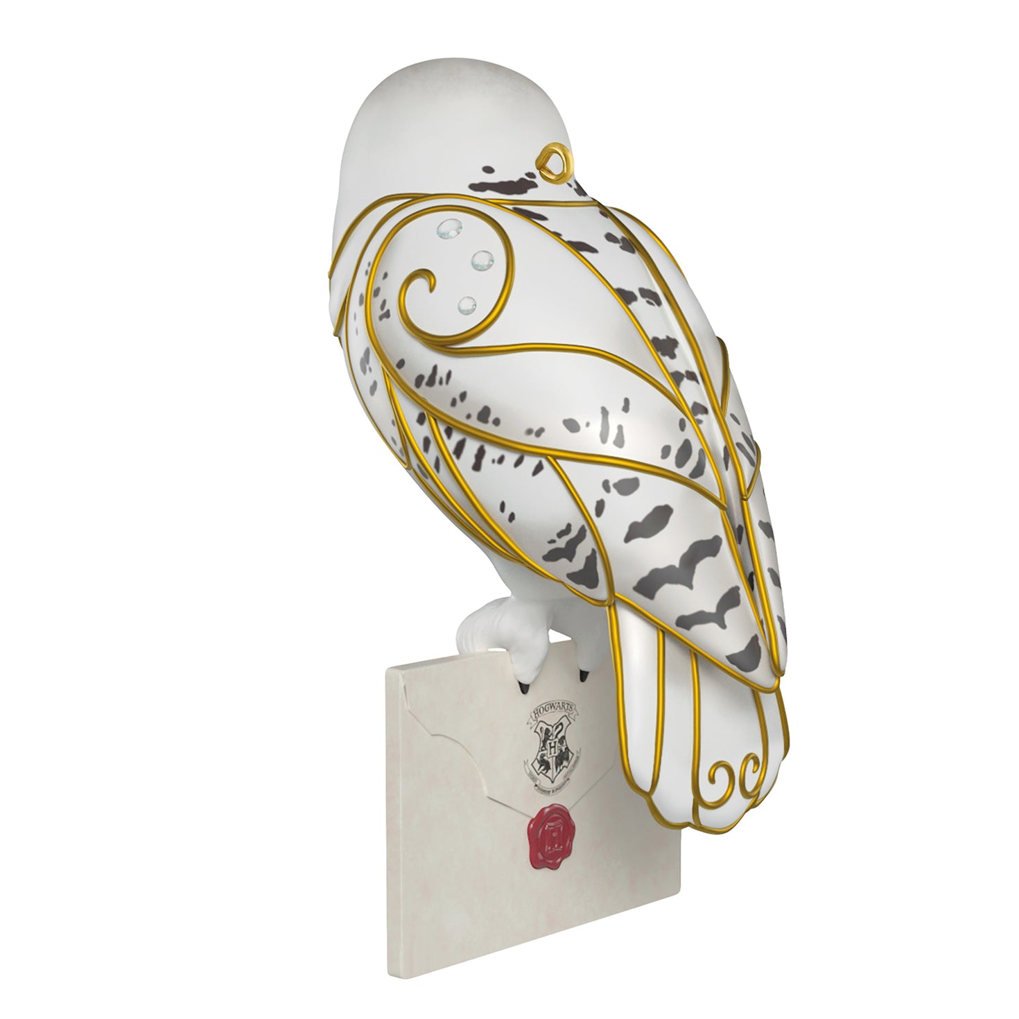 Harry Potter Hedwig With Letter — 2026 Hallmark Keepsake Christmas Ornament, white owl design with gold accents, side view
