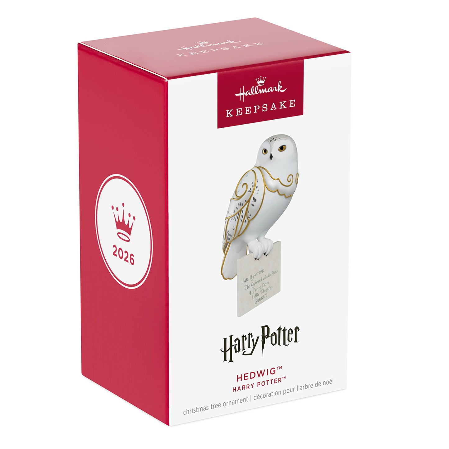 Harry Potter Hedwig With Letter — 2026 Hallmark Keepsake Christmas Ornament in decorative packaging, featuring a snow-white owl design and gold accents.