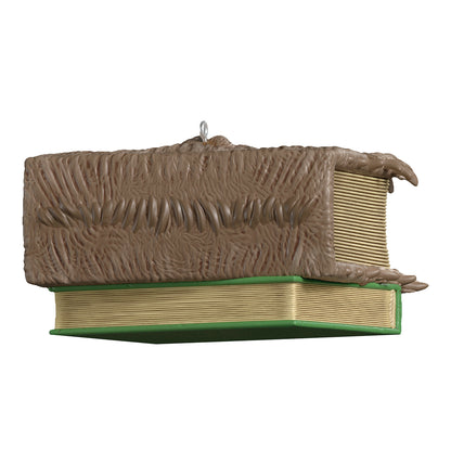 Harry Potter™ The Monster Book of Monsters With Sound and Motion — 2026 Hallmark Keepsake Christmas Ornament, detailed side view showing textured cover and spine.