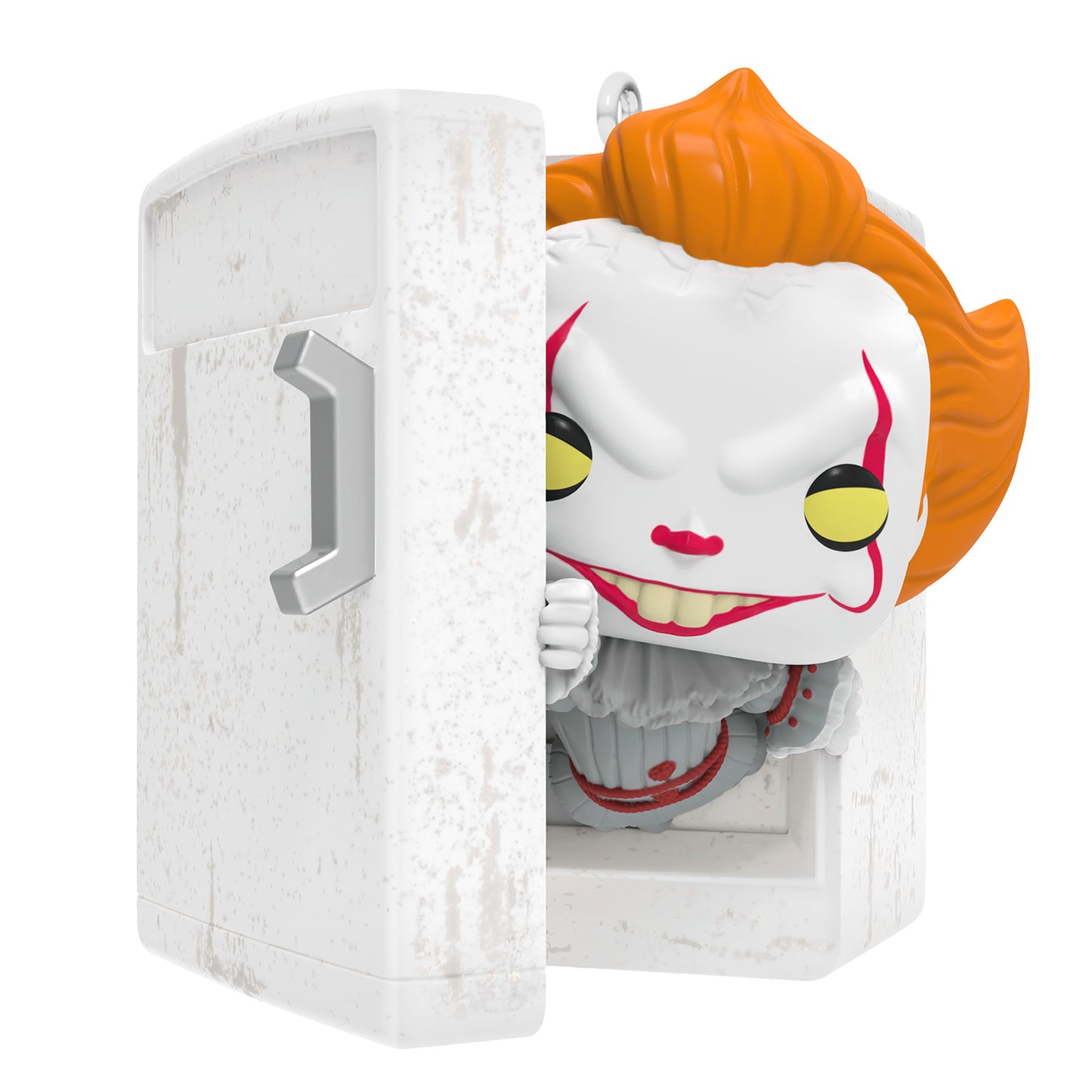 IT Pennywise Funko POP! — 2026 Hallmark Keepsake Christmas Ornament with eerie grin, emerging from a vintage refrigerator.