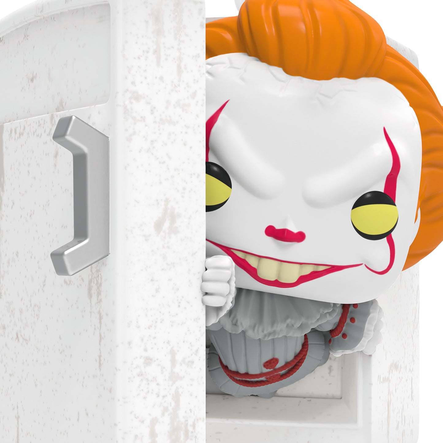IT Pennywise Funko POP! — 2026 Hallmark Keepsake Christmas Ornament, detailed view of the clown emerging from a refrigerator.