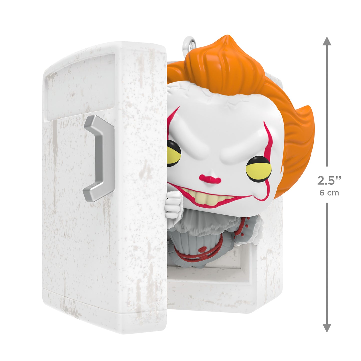 IT Pennywise Funko POP! — 2026 Hallmark Keepsake Christmas Ornament, featuring a clown emerging from a vintage refrigerator, 6 cm.