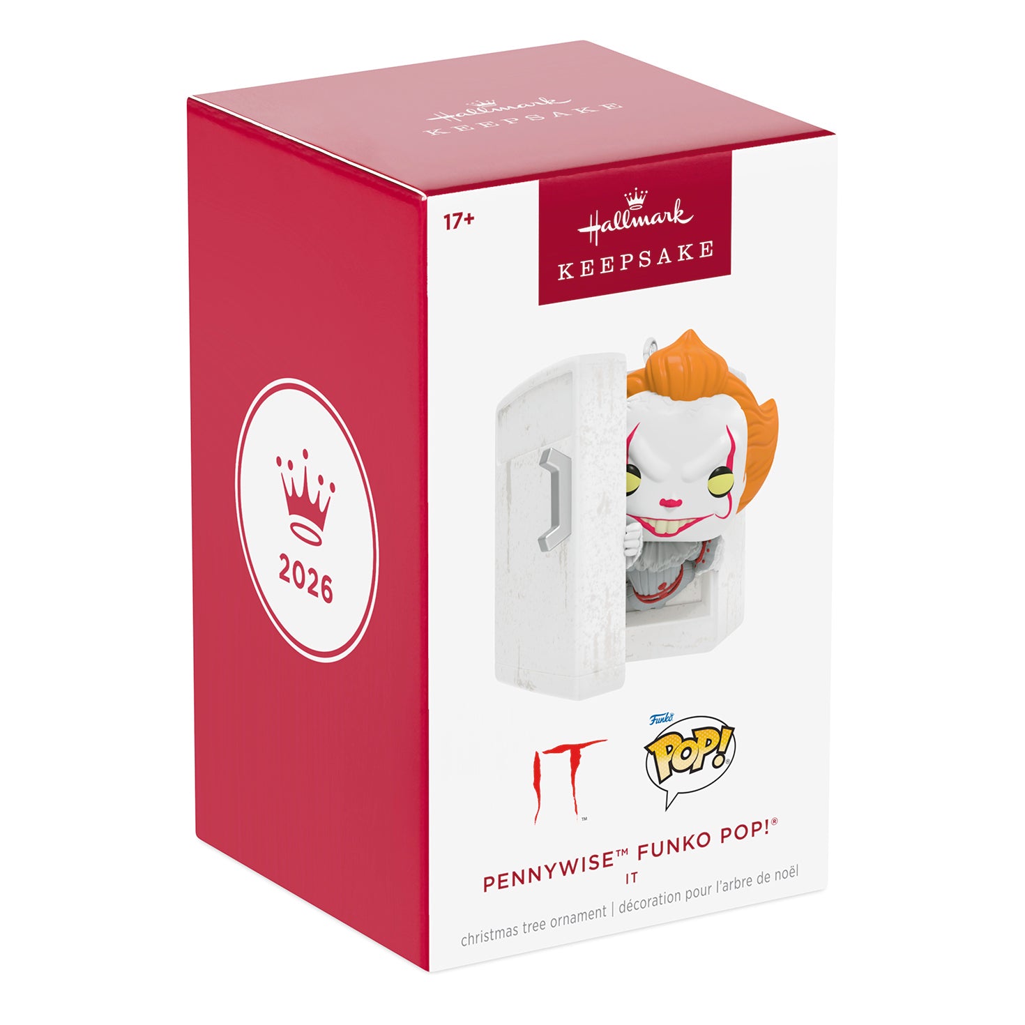 IT Pennywise Funko POP! — 2026 Hallmark Keepsake Christmas Ornament packaging view, featuring clown figurine in a fridge.