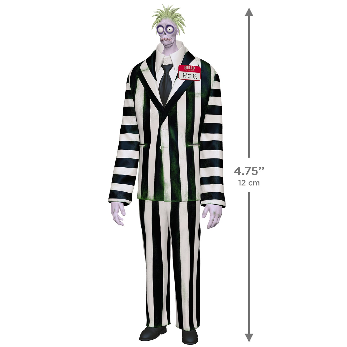 Beetlejuice Beetlejuice Bob as Beetlejuice — 2026 Hallmark Keepsake Christmas Ornament in a black-and-white-striped suit, standing upright.