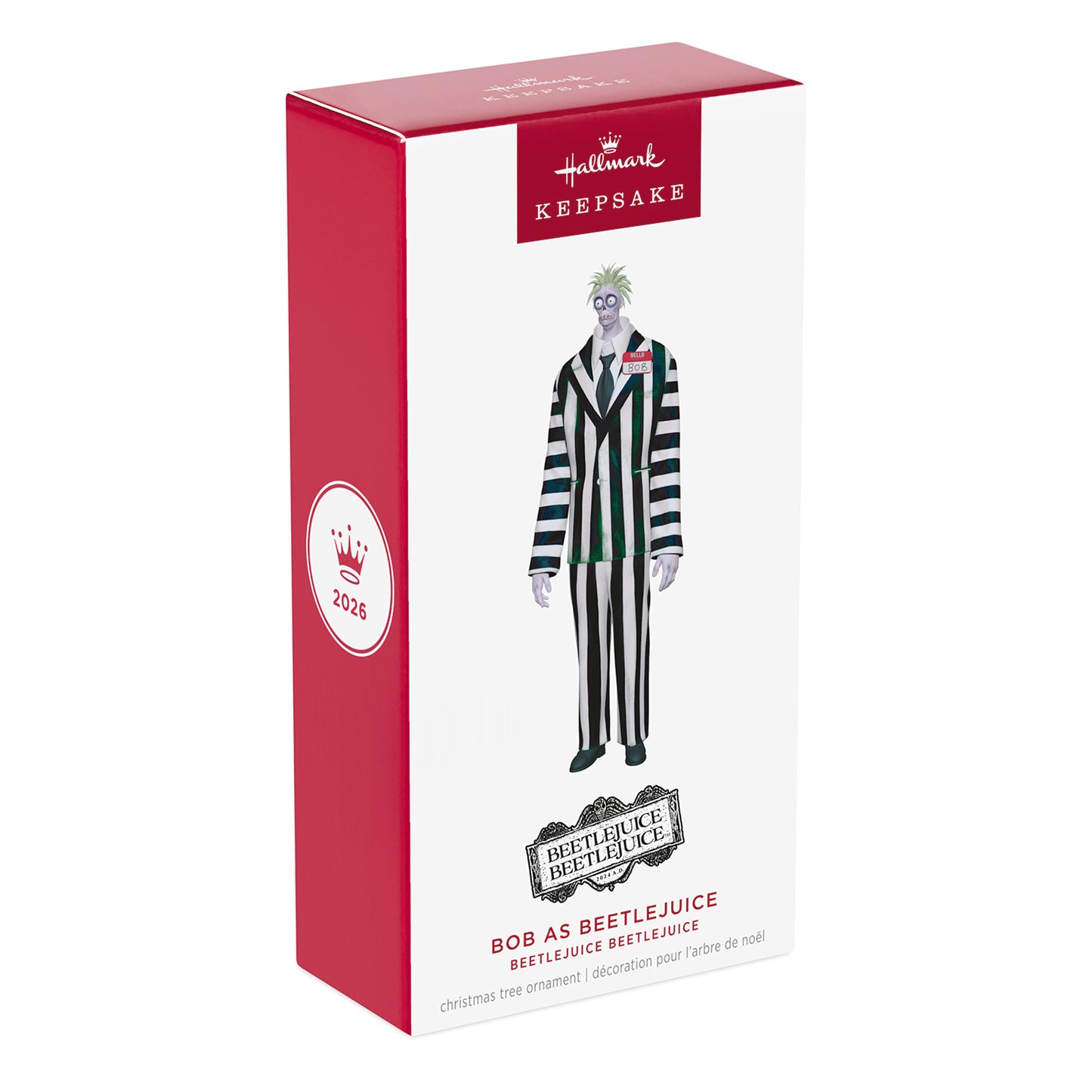 Beetlejuice Beetlejuice Bob as Beetlejuice — 2026 Hallmark Keepsake Christmas Ornament in decorative packaging, front view.