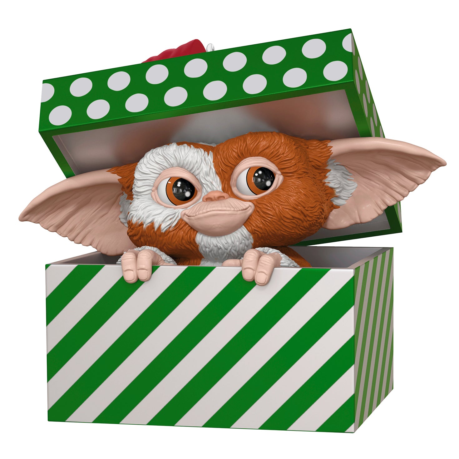 Gremlins Gizmo — 2026 Hallmark Keepsake Christmas Ornament peeking out of a green and white striped gift box with festive wrapping.