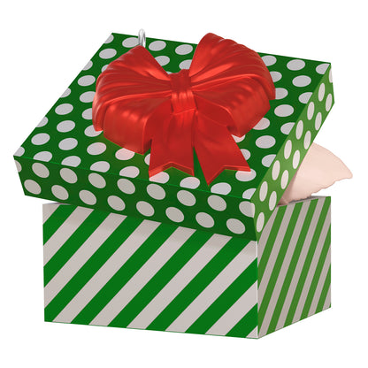 Gremlins Gizmo — 2026 Hallmark Keepsake Christmas Ornament in a green and white striped box with a red bow, festive design.