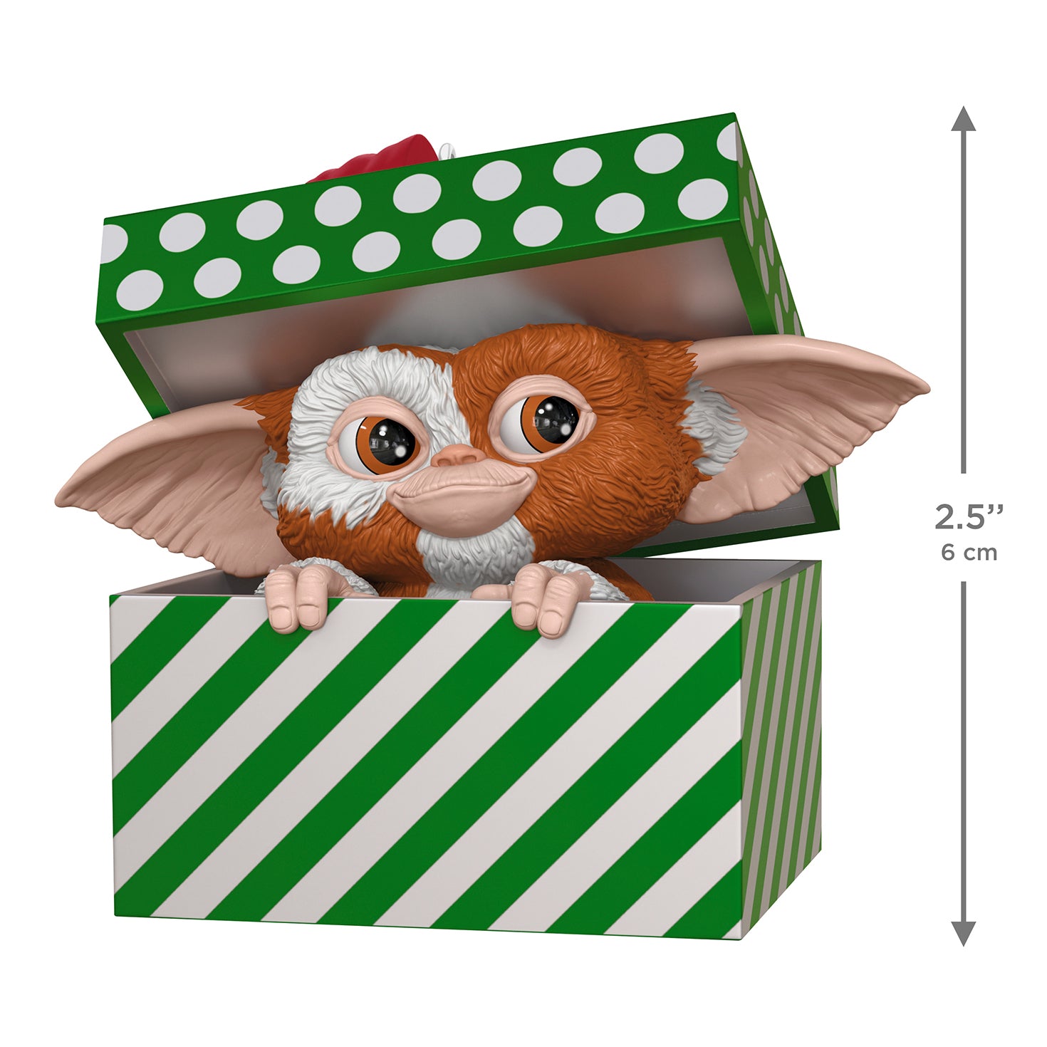 Gremlins Gizmo — 2026 Hallmark Keepsake Christmas Ornament, figurine peeking from a green gift box with polka dots, 6 cm tall.